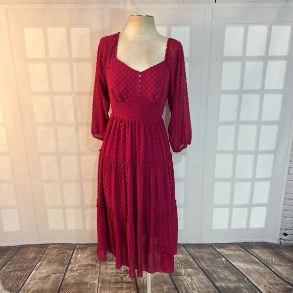 J. Crew Berry Pink Tiered Swiss Dot Long Sleeve Ruffle Midi Dress Size 00 - Picture 1 of 10